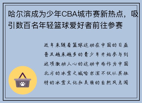 哈尔滨成为少年CBA城市赛新热点，吸引数百名年轻篮球爱好者前往参赛