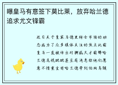 曝皇马有意签下莫比莱，放弃哈兰德追求尤文锋霸